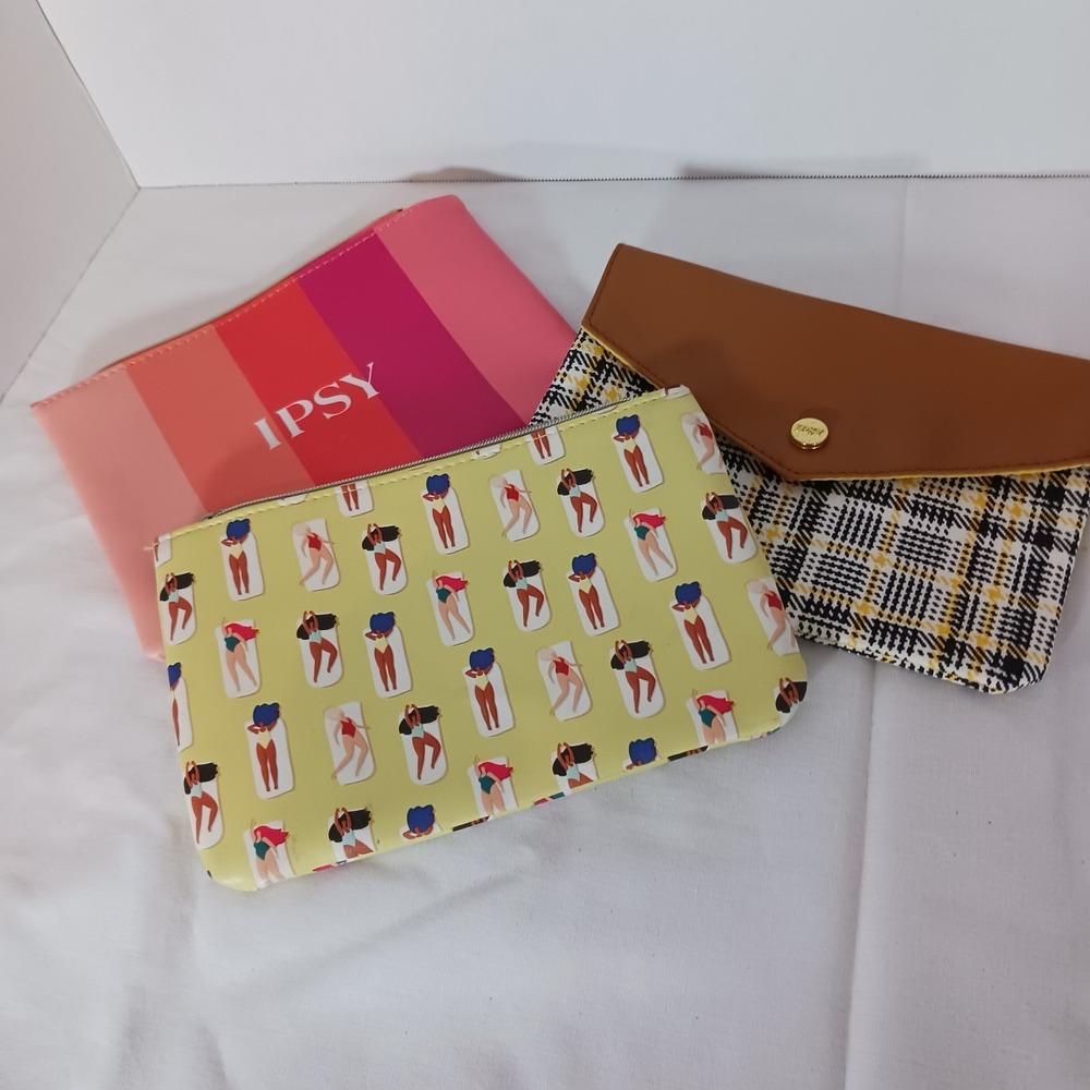 Ipsy‎ Lot of 3 Cosmetic Makeup Bags Multicolor Zip Pouches with Zipper Closure